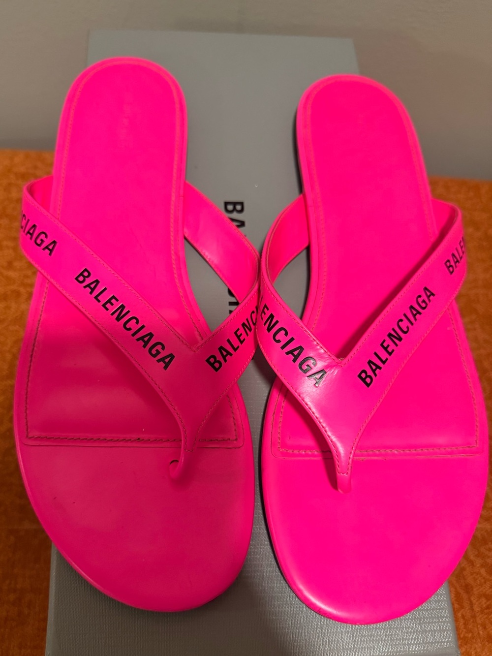 Balenciaga Neon Pink Logo Thong Sandals